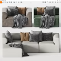 Modern Multicolor Sofa Set Featuring Plush Pillows And Checkered Fringe Blanket 3d model