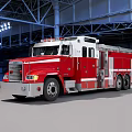 Red and White Fire Truck in Industrial Warehouse with Large Ladder and Metal Structure