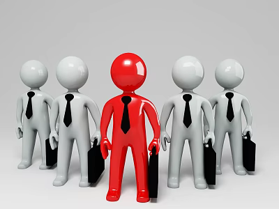 Business Equipment Display Featuring Red Central Figure and Team in Suits Carrying Briefcases 3d model