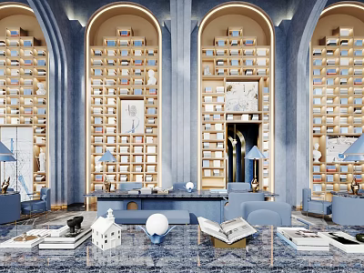 Modern Hotel Public Lounge Area With Arched Bookshelves Blue Sofas And Marble Tabletop Decorations 3d model