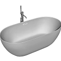 Sleek White Freestanding Bathtub With Black Faucet In Minimalist Bathroom