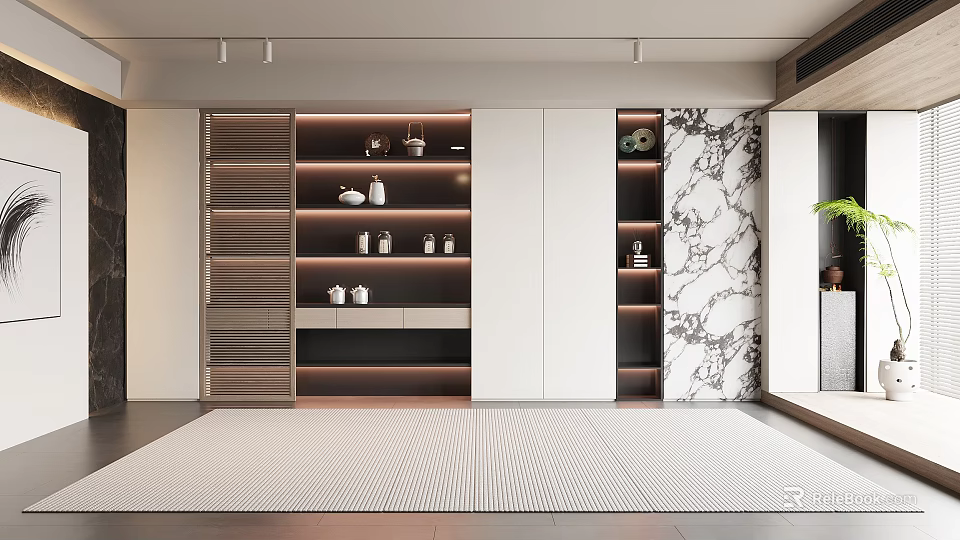 Modern Interior Design With Open Shelving LED Lighting Tea Sets And Marble Wall 3d model
