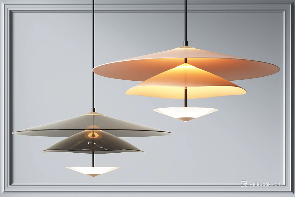Modern Layered Disc Shaped Chandeliers With Warm Light Hanging In Interior 3d model 