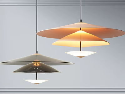 Modern Layered Disc Shaped Chandeliers With Warm Light Hanging In Interior 3d model