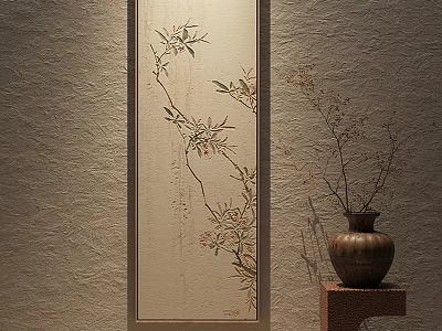 Vertical Wall Painting With Bamboo And Floral Design Alongside Ceramic Vase On Stand 3d model