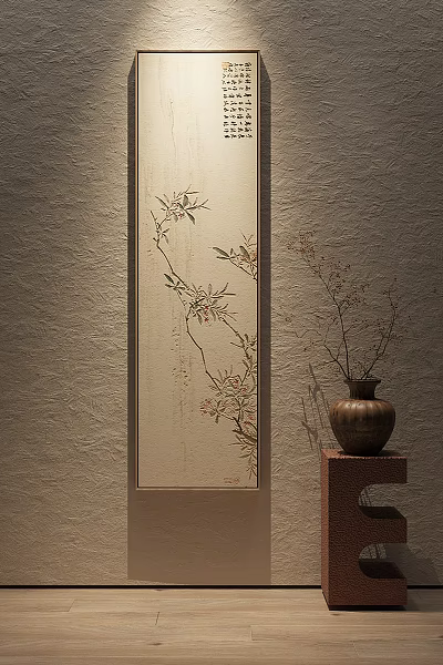 Vertical Wall Painting With Bamboo And Floral Design Alongside Ceramic Vase On Stand 3d model