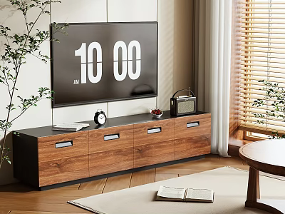Modern Wooden TV Stand With Storage Drawers And Decorative Plants In Living Room 3d model