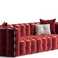 Burgundy Velvet Three Seater Sofa With Tufted Design And Decorative White Cushions