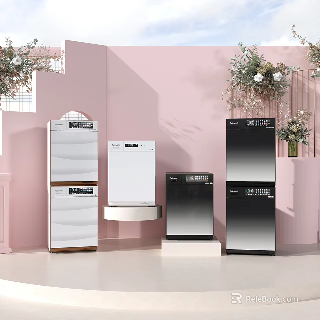 Modern Washing Machines In Various Colors And Styles Displayed In Pink Showroom With Floral Decor 3d model 