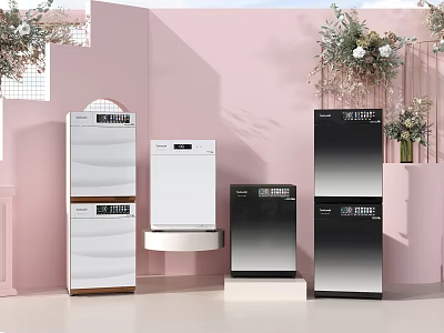 Modern Washing Machines In Various Colors And Styles Displayed In Pink Showroom With Floral Decor 3d model