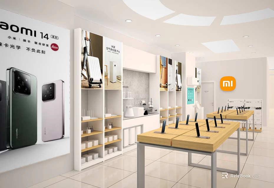 Xiaomi Store Displaying 14 Ultra Smartphones With Wooden Tables And Accessories 3d model 