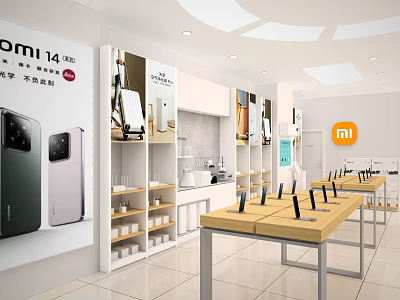 Xiaomi Store Displaying 14 Ultra Smartphones With Wooden Tables And Accessories 3d model