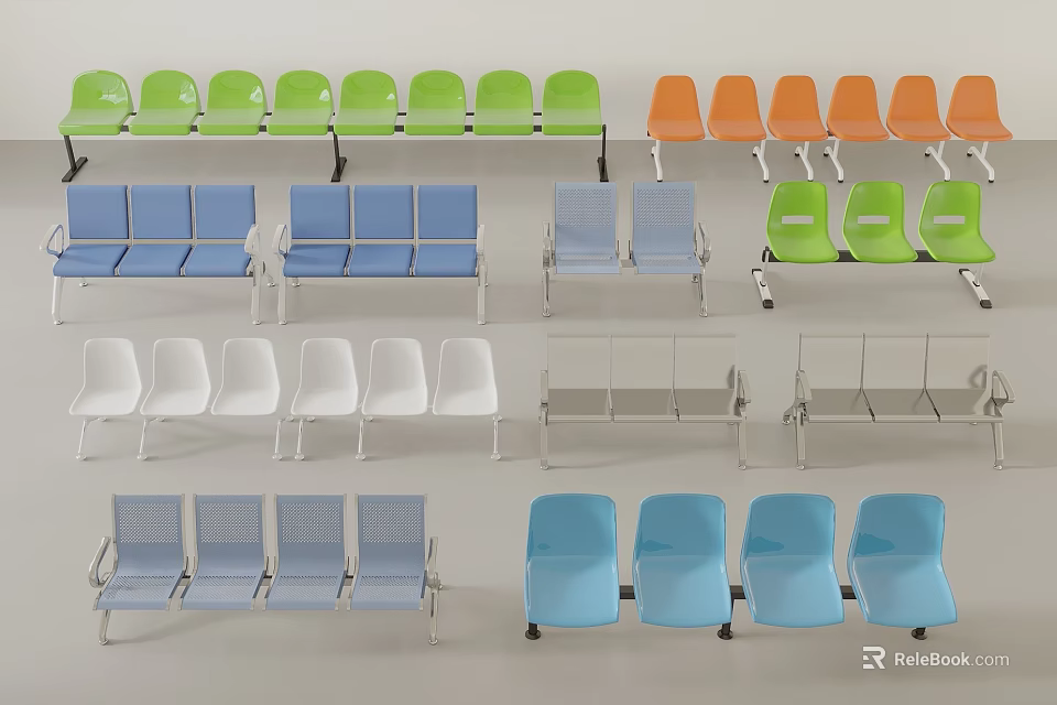 Colorful Public Chairs Collection With Green Orange Blue White Gray Seats And Various Styles 3d model 