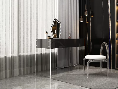 Modern Black Dressing Table Interior With Transparent Chair White Cushion Decorative Mirror And Cosmetic Bottles 3d model