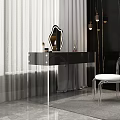 Modern Black Dressing Table Interior With Transparent Chair White Cushion Decorative Mirror And Cosmetic Bottles