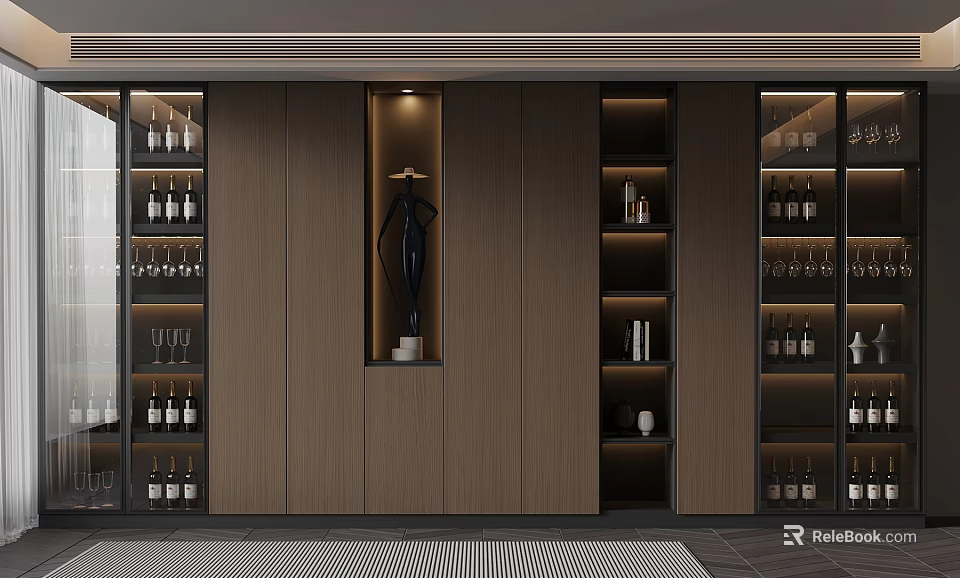 Modern Wooden Display Cabinet With Glass Doors Wine Bottles Wine Glasses And Decorative Sculpture 3d model 