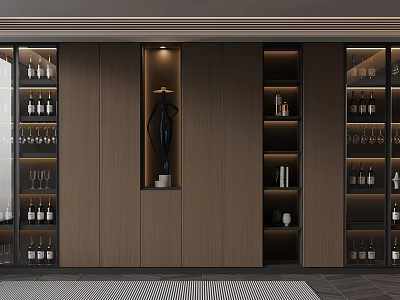 Modern Wooden Display Cabinet With Glass Doors Wine Bottles Wine Glasses And Decorative Sculpture 3d model