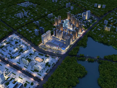 Aerial Urban Planning Featuring Modern High Rise Buildings Waterfront Green Spaces And Road Network 3d model
