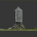 Miniature Scene with Gray Wooden Cabin Stone Base Ladder Green Grass and Small Tree