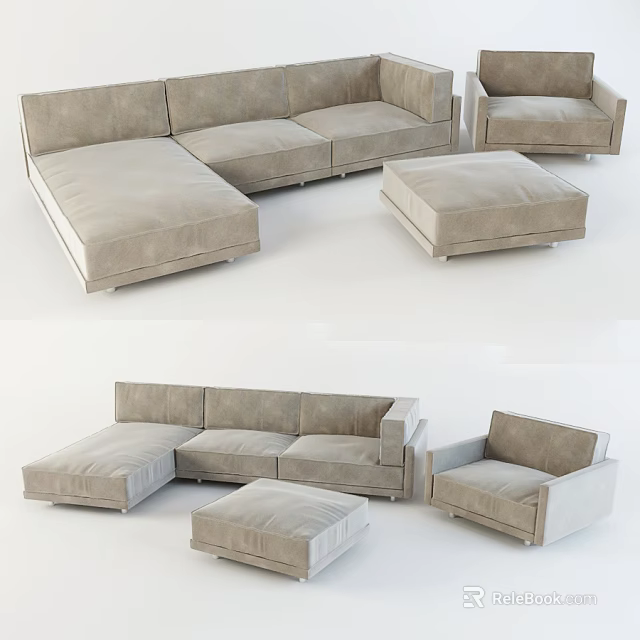 Modern Sofa Set With L Shaped Sofa Armchair And Light Beige Ottoman 3d model