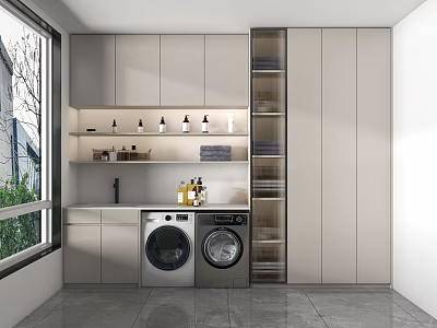 Modern Bathroom Cabinet Rack With Washing Machine Dryer Storage Shelves And Toiletries 3d model