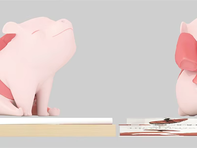 Two Pink Pig Shaped Toys With Red Decorations Sitting On Books Front And Back Views 3d model
