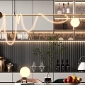 Modern Restaurant Interior With Dining Table Chairs Pendant Lights And Wine Cabinets 3d model