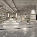 Modern Clothing Store Interior With Display Shelves Round Platforms And Track Lighting