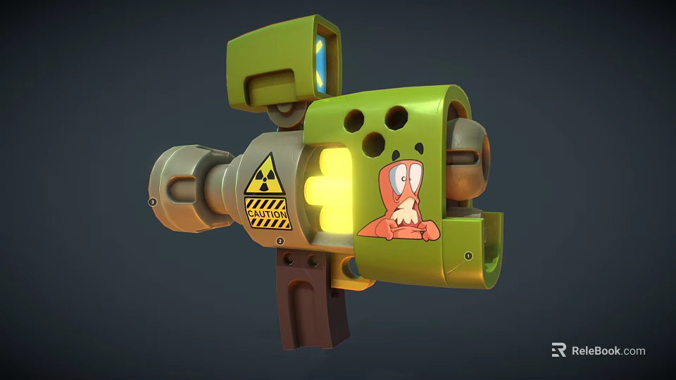 Green Cartoon Weapon With Radioactive Warning Sign Yellow Glowing Parts And Barrel Grip 3d model 