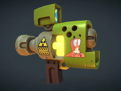 Green Cartoon Weapon With Radioactive Warning Sign Yellow Glowing Parts And Barrel Grip 3d model