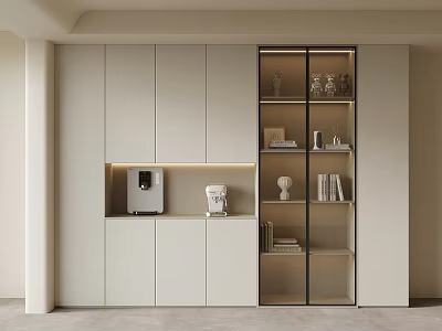 Modern Kitchen Interior Design With White Cabinets Glass Door Shelves And Coffee Machine 3d model