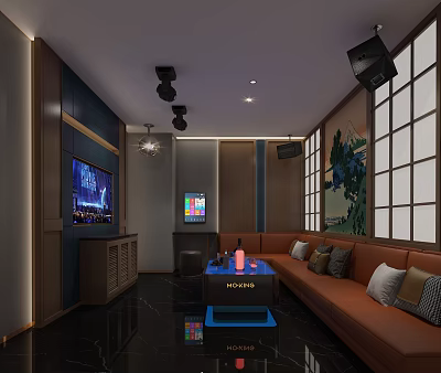 Modern KTV Room Interior With Brown Sofa Cushions Flat TV Speakers And Wooden Lattice Windows 3d model