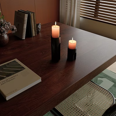 Decorative Ornament Set With Lit Candles Black Holders Books And Vase On Wooden Tabletop 3d model