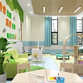 School Classroom Interior With Wooden Tables Chairs Green Plants And Wall Decorations