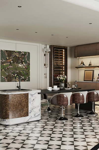 Elegant Luxury Restaurant Dining Space With Marble Bar Counter And Custom Built In Wine Cabinet 3d model