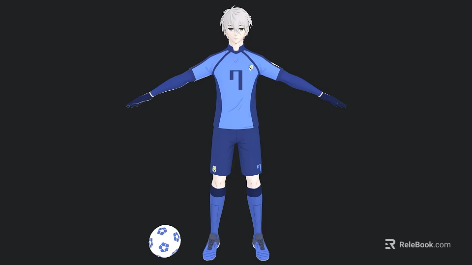 Man in Blue Sports Uniform with Number 7 Standing by Soccer Ball 3d model 