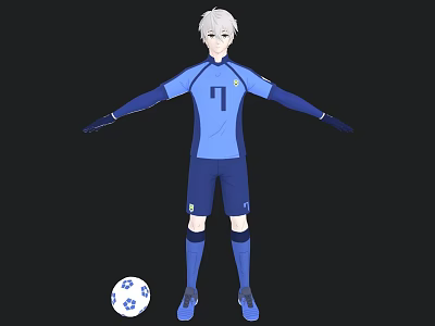 Man in Blue Sports Uniform with Number 7 Standing by Soccer Ball 3d model