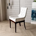 White Diamond Tufted Leather Dining Chair With Dark Wooden Legs In Herringbone Wood Floor Interior
