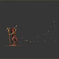 Red Demon Man with Horns Holding Staff and Golden Particles on Red Base
