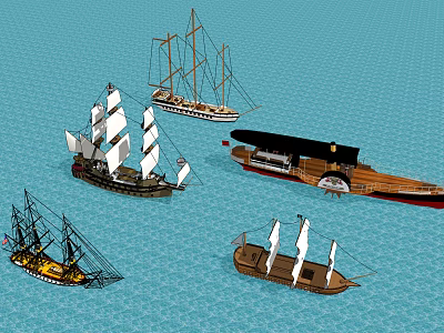 Various Types of Wooden Sailing Boats Floating on Blue Water Surface 3d model