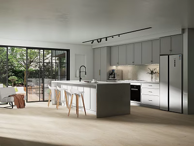 Modern Kitchen Interior With Island Counter Bar Stools Cabinets And Large Windows 3d model