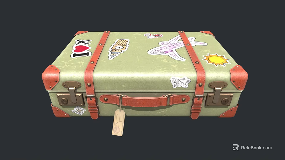 Vintage Green Suitcase With Red Leather Trim Travel Stickers Like I Love NY Plane Sun 3d model 