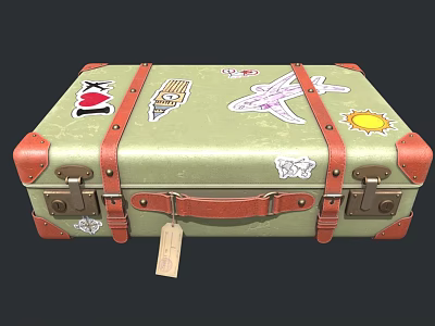 Vintage Green Suitcase With Red Leather Trim Travel Stickers Like I Love NY Plane Sun 3d model