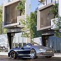 Modern Detached House Exterior with Balconies Greenery Trees and Blue Car
