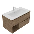 Modern Bathroom Vanity Sink With Wooden Cabinet White Countertop Chrome Faucet Drawer And Open Storage Shelf