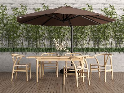 New Chinese Style Outdoor Table and Chair Outdoor Dining Table and Chair Combination Sunshade Umbrella Bamboo Anticorrosive Wood Shrub Potted Plant 3d model