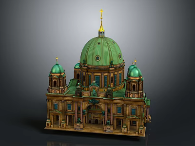 Cartoon Building Scene With Green Dome Golden Spire And Multiple Small Domes 3d model