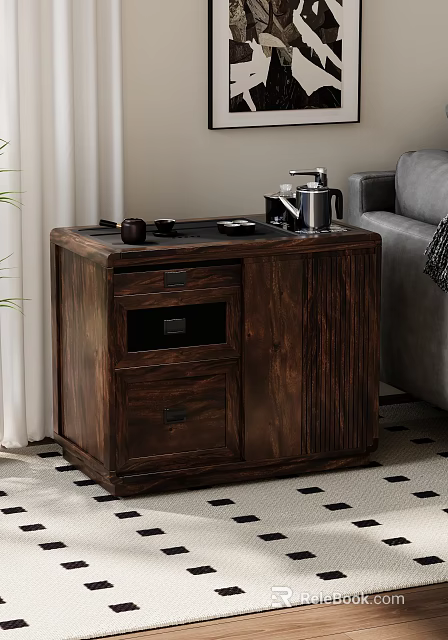 Dark Wooden Side Table With Storage Drawers And Cabinet For Living Room 3d model 