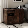 Dark Wooden Side Table With Storage Drawers And Cabinet For Living Room