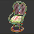 Brown Rattan Leisure Chair With Armrests Woven Backrest Round Base And Patterned Cushion